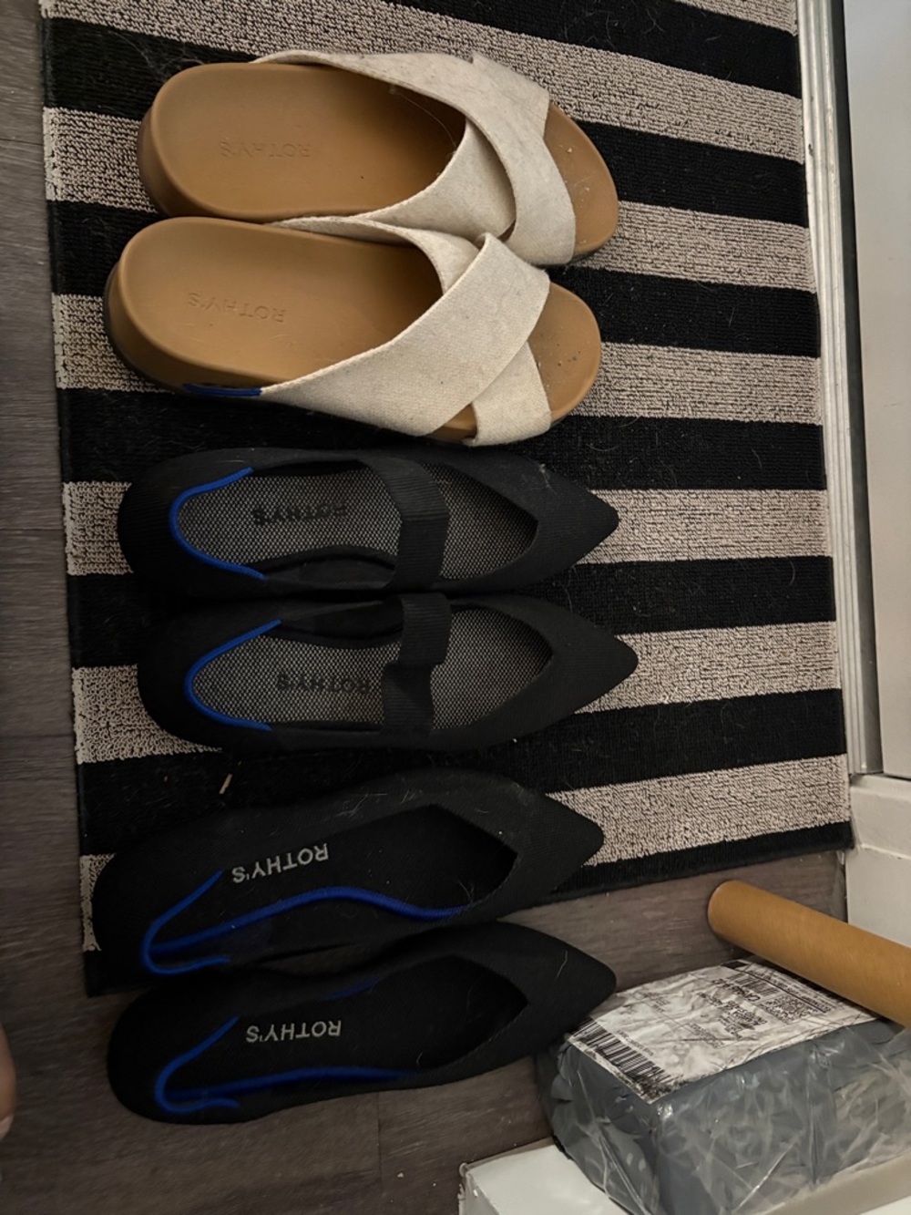 Rothy's Black Pointed Flats and Cream Crossband Sandals